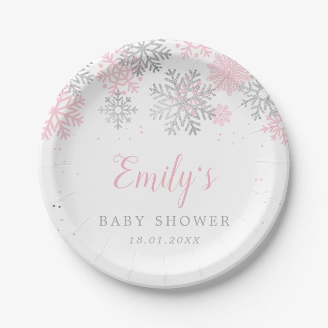 Rosa und Silberschneeflocken Winter Girl Babydusch Pappteller (Vorderseite)