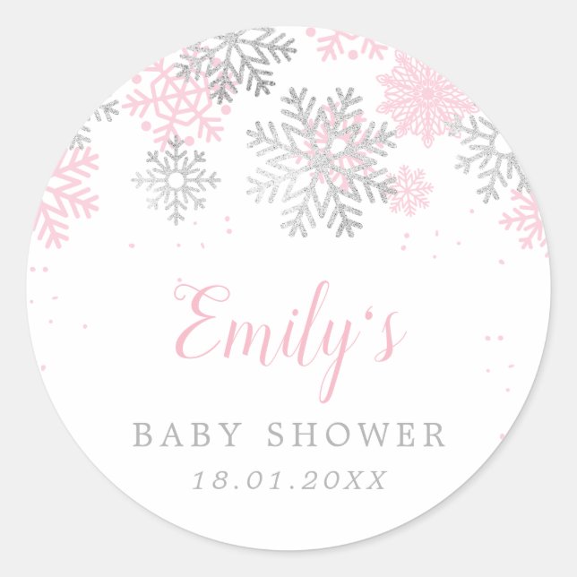 Rosa und Silberschneeflocken Winter Girl Babydusch Runder Aufkleber (Vorderseite)