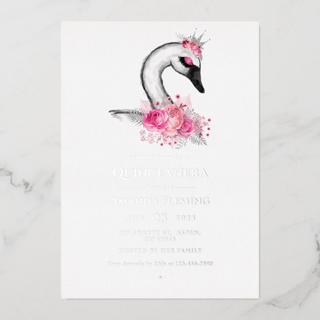 Rosa und Silberschwan Quinceañera Einladung (Vorderseite)
