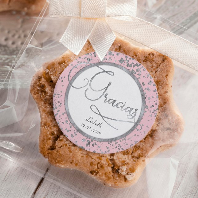 Rosa und Silver Confetti Trendy Gracias Quadratischer Aufkleber (Von Creator hochgeladen)