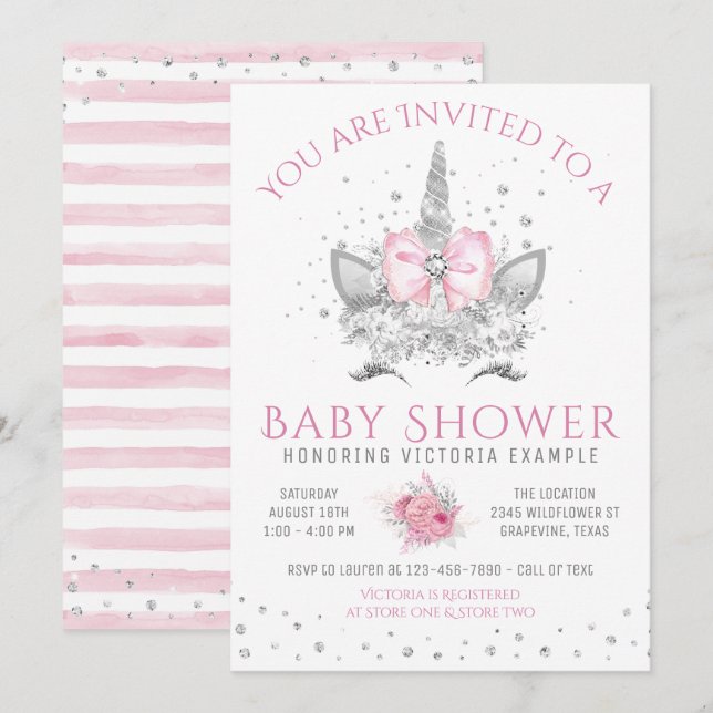 Rosa und Silver Diamond Einhorn Kinderdusche Einladung (Vorne/Hinten)