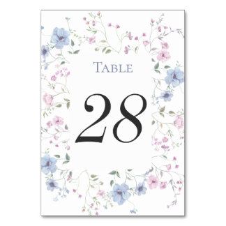 Rosa und staubblaue Aquarell-Blumenhochzeit Tischnummer