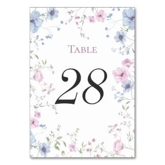 Rosa und staubblaue Aquarell-Blumenhochzeit Tischnummer