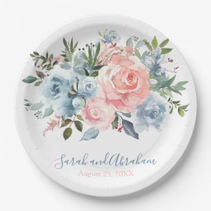 Rosa und staubblaues florales Rosenhochzeit Pappteller