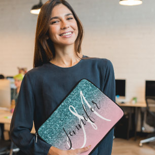 Rosa und Türkis Ombre Glitter Monogramm Laptopschutzhülle