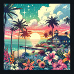 Rosa und Türkisblau | Beach Art Poster<br><div class="desc">Hübsch türkisfarbener,  aquamariner und rosa Meerblick mit Sonnenuntergang und Silhouetten von Palmen,  wunderschönen tropischen Blume und einem Pier und Strandhaus.</div>