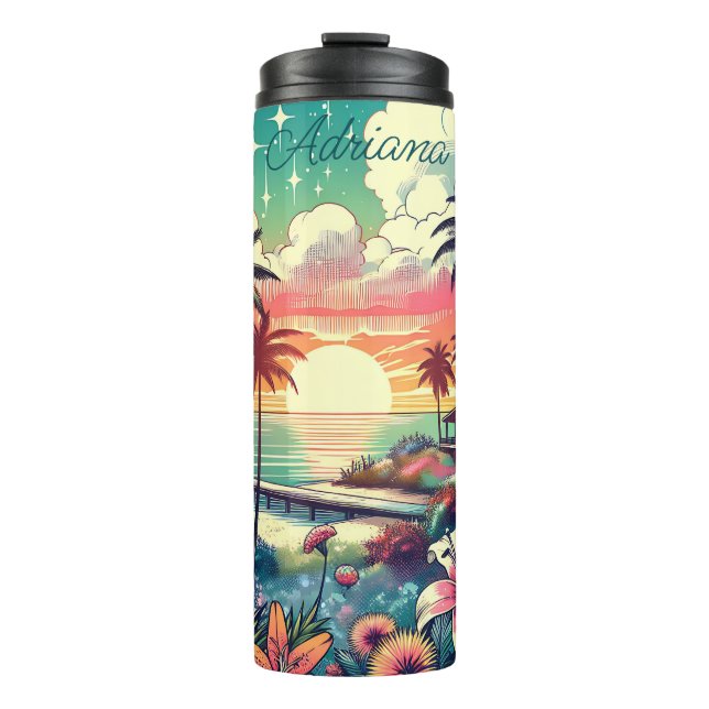 Rosa und Türkisblau | Beach Art Thermosbecher (Vorderseite)