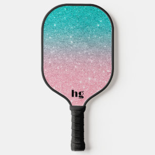 Rosa und türkisfarbene Glitzer-Textur Pickleball Schläger