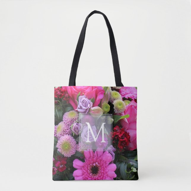 Rosa und violette Blume Personalisiert Monogramm Tasche (Vorderseite)