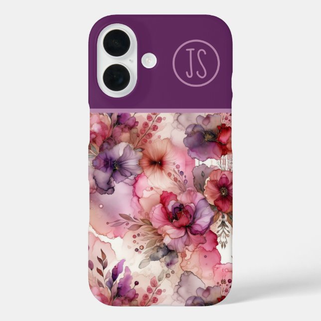 Rosa und violette Blumen Alkoholtink Mit Monogramm iPhone 16 Hülle (Rückseite)