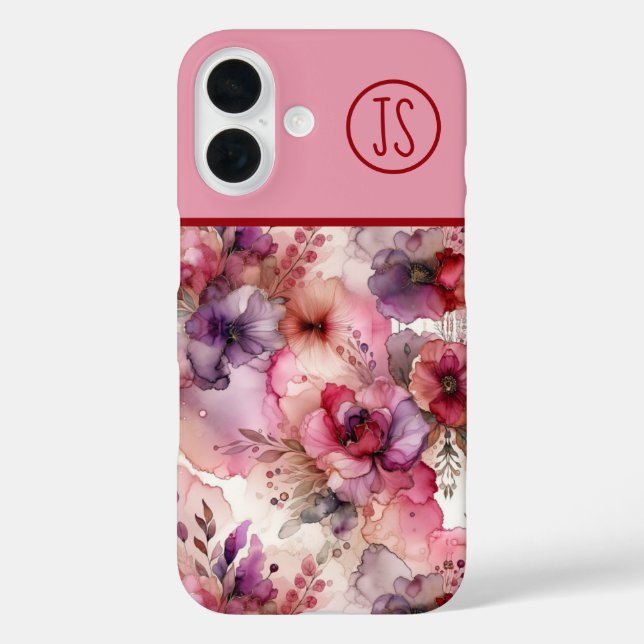 Rosa und violette Blumen Alkoholtink Mit Monogramm iPhone 16 Hülle (Rückseite)