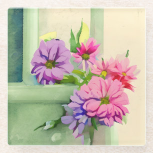 Rosa und violette Blumen auf Fensterfläche Glasuntersetzer