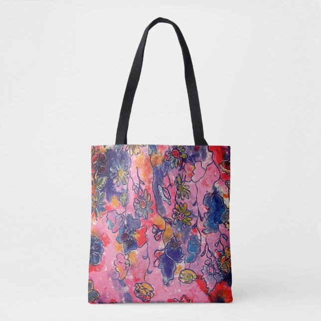 Rosa und violette Blumen Garten Original Wasserfar Tasche (Vorderseite)