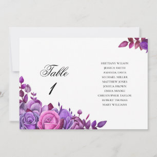 Rosa und violette Blumen. Hochzeit Sitzordnung Einladung