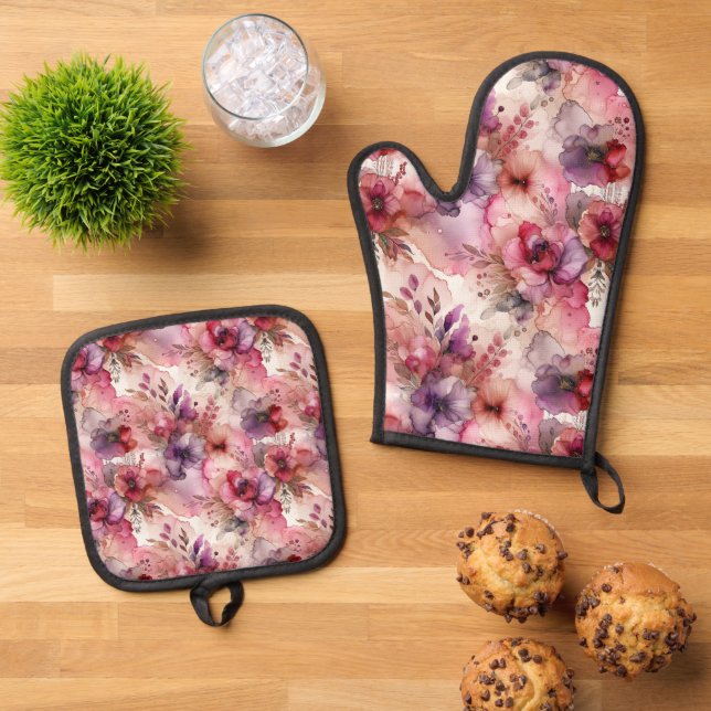 Rosa und violette Blumen - Illustration des Alkoho Ofenhandschuh & Topflappen-Set (Oben Unten)