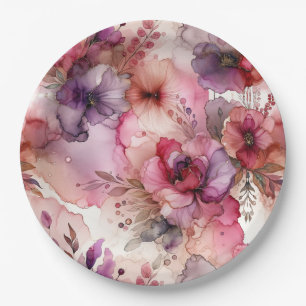 Rosa und violette Blumen im Alkohol-Tinte-Stil Pappteller