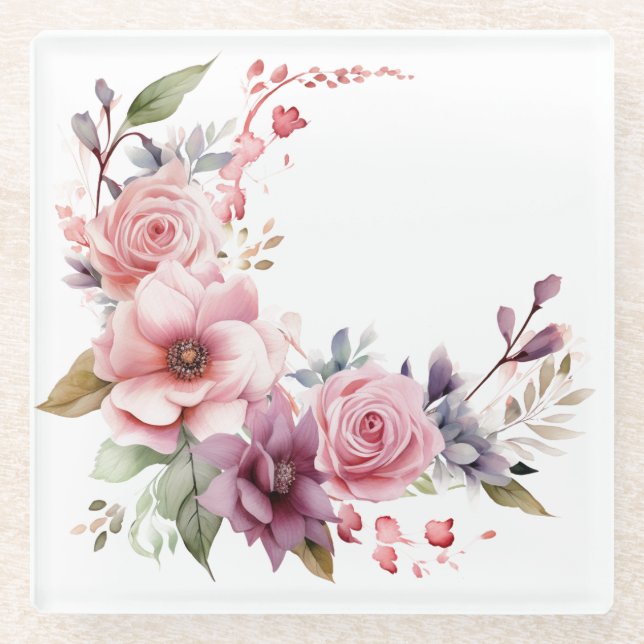 Rosa und violette Blumen: "Meine Küche"-Untersetze Glasuntersetzer (Vorderseite)