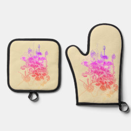 Rosa und violette Blumen Ofenhandschuh & Topflappen-Set