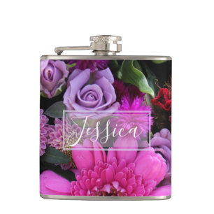 Rosa und violette Blumen personalisiert Flachmann