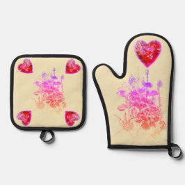 Rosa und violette Blumen und Herz Ofenhandschuh & Topflappen-Set