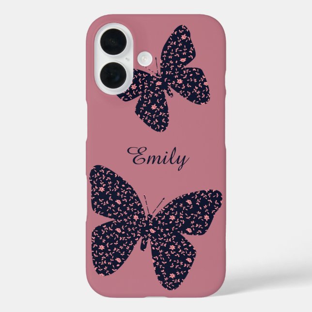 Rosa und violette Blumenschmetterlinge Personalisi iPhone 16 Hülle (Rückseite)