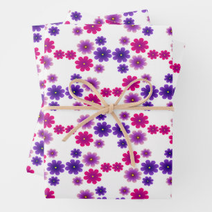 Rosa und violette Blüten Symmetrisches Mini-Blumen Geschenkpapier Set
