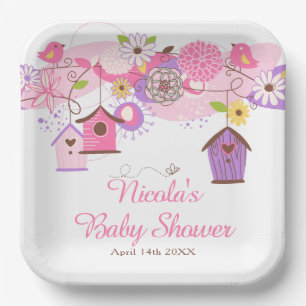 Rosa und violette florale Vogelkäfige Baby Shower Pappteller