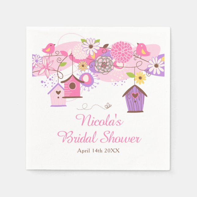 Rosa und violette florale Vogelkäfige Brautdusche Serviette (Vorderseite)