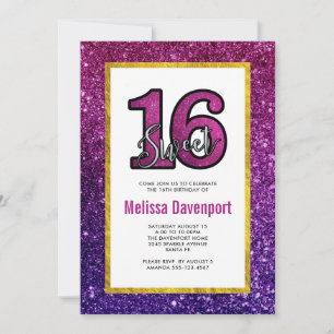 Rosa und violette süße 16 Glitter Glitzersteinchen Einladung