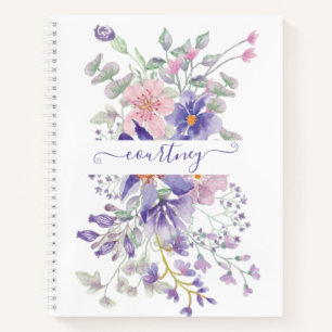 Rosa und violette Wasserfarbe floral personalisier Notizbuch