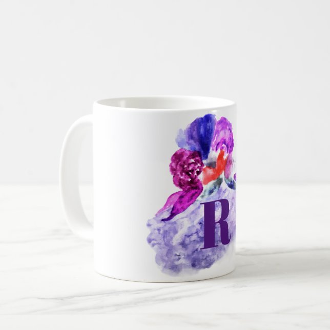 Rosa und violette Wasserfarbe Mit Monogramm Kaffeetasse (Vorderseite Links)