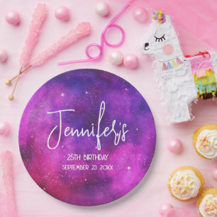 Rosa und violetter Weltraum und Sterne Faux-Galaxi Pappteller