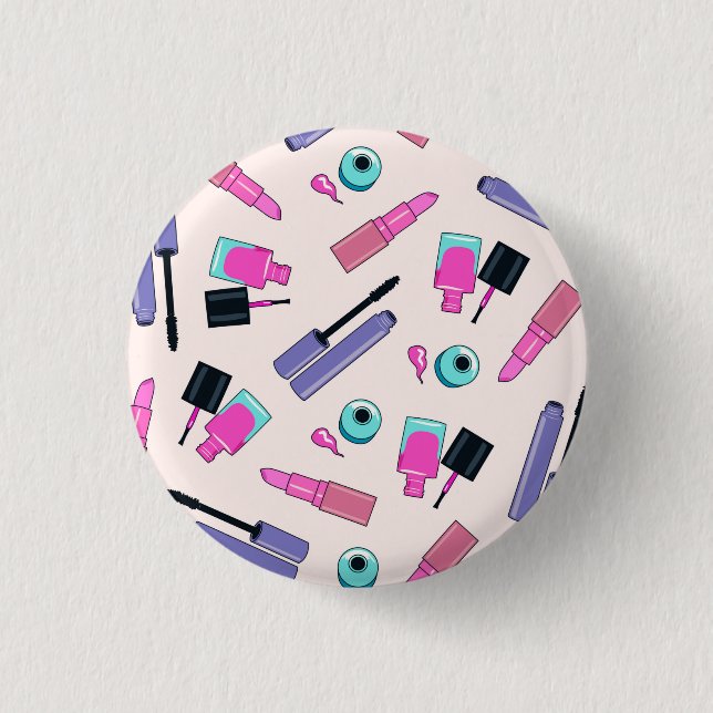 Rosa und violettes Make-up-Kosmetikmuster Button (Vorderseite)