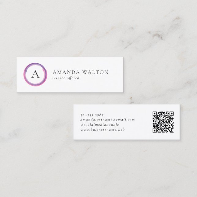 Rosa und violettes Monogramm QR-Code Modern Mini Visitenkarte (Vorne/Hinten)