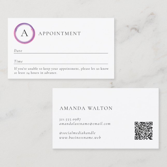 Rosa und violettes Monogramm QR-Code Modern Terminkarte (Vorne/Hinten)