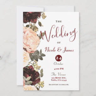 Rosa und Weinrote Blumen Grünzeug Blätter Hochzeit Einladung