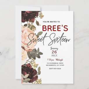 Rosa und Weinrote Blumen Grünzeug Blätter Sweet 16 Einladung