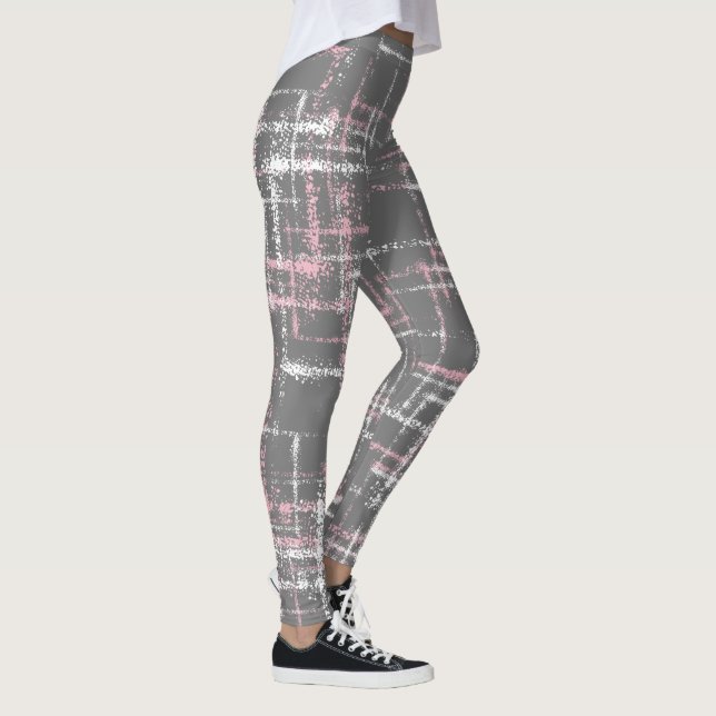 rosa und weiß auf grauem abstraktem Crisscross-Mus Leggings (Rechts)