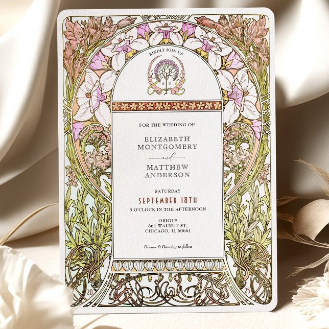 Rosa und Weiß Blumen Elegante Jugendstil-Hochzeit Einladung (Von Creator hochgeladen)
