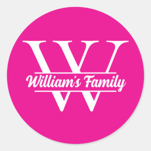 Rosa und Weiß   Einfaches Familienname-Monogramm Runder Aufkleber