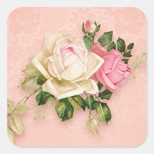 Rosa und Weiß Elegante Rose Bouquet Quadratischer Aufkleber (Vorderseite)