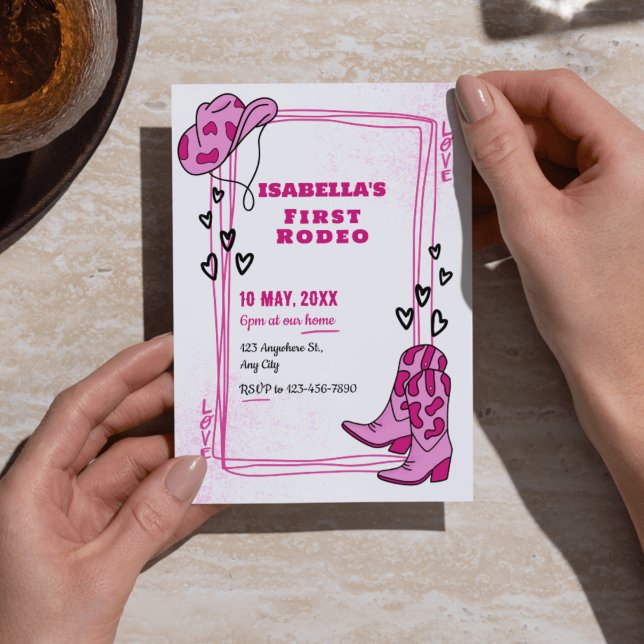 Rosa und Weiß Erstmals Rodeo Girl Einladung zum Ge (Pink & White First Rodeo Girl Birthday Invitations - Playful Cowgirl Party)