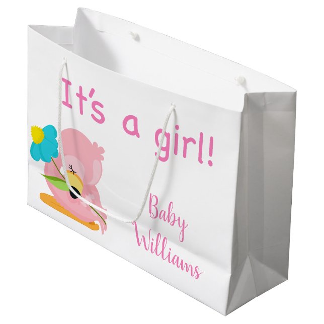Rosa und weiß Es ist ein Girl Flamingo Große Geschenktüte (Vorderseite Schrägansicht)