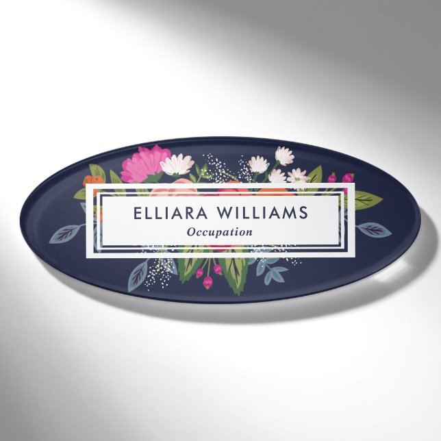 Rosa und Weiß Florals Navy Blue Namenschild (Vorderseite)