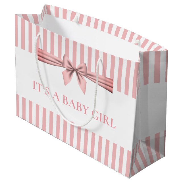Rosa und weiß gestreifte Babydusche Große Geschenk Große Geschenktüte (Rückseite Schrägansicht)
