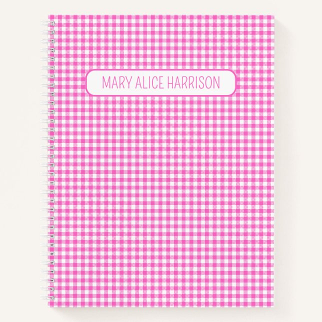 Rosa und Weiß Gingham Kariert Personalisiert Notizbuch (Vorderseite)