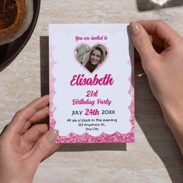 Rosa und Weiß Glitzer 15. Geburtstag Foto Einladung (Pink & White Glitter 15th Birthday Photo Invitations - Festive & Feminine Quinceañera/Sweet 15 Party)