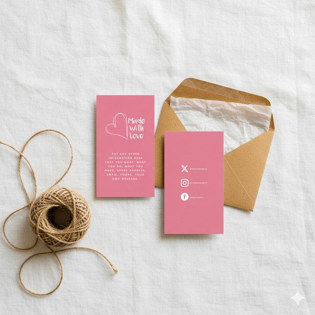 Rosa und Weiß mit Lieben Begleitkarte (Pink and white made with love heart social links enclosure card.)