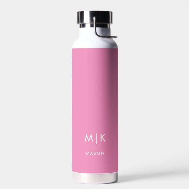 Rosa und Weiß | Modernes Monogramm Trinkflasche (Links)