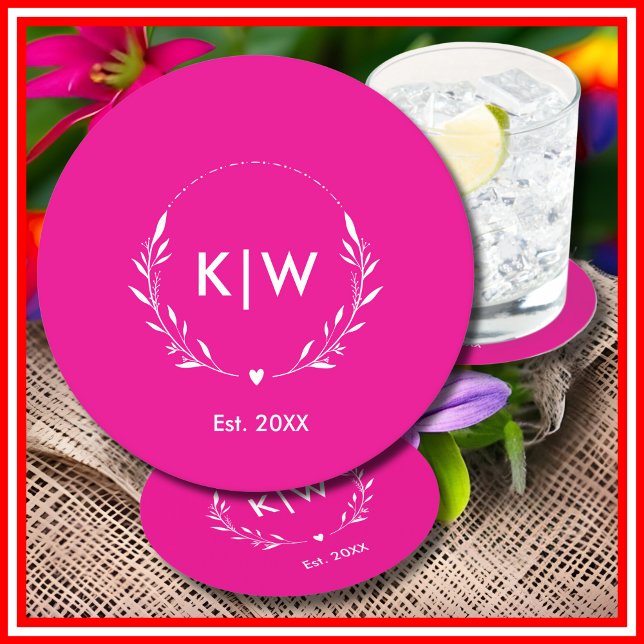 Rosa und Weiß | Monogram für moderne Initials Runder Pappuntersetzer (Pink and White | Modern Initials Monogram Round Paper Coaster)